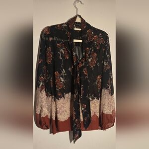 Harlowe & Graham Black Blouse with Rust and Orange Floral Print